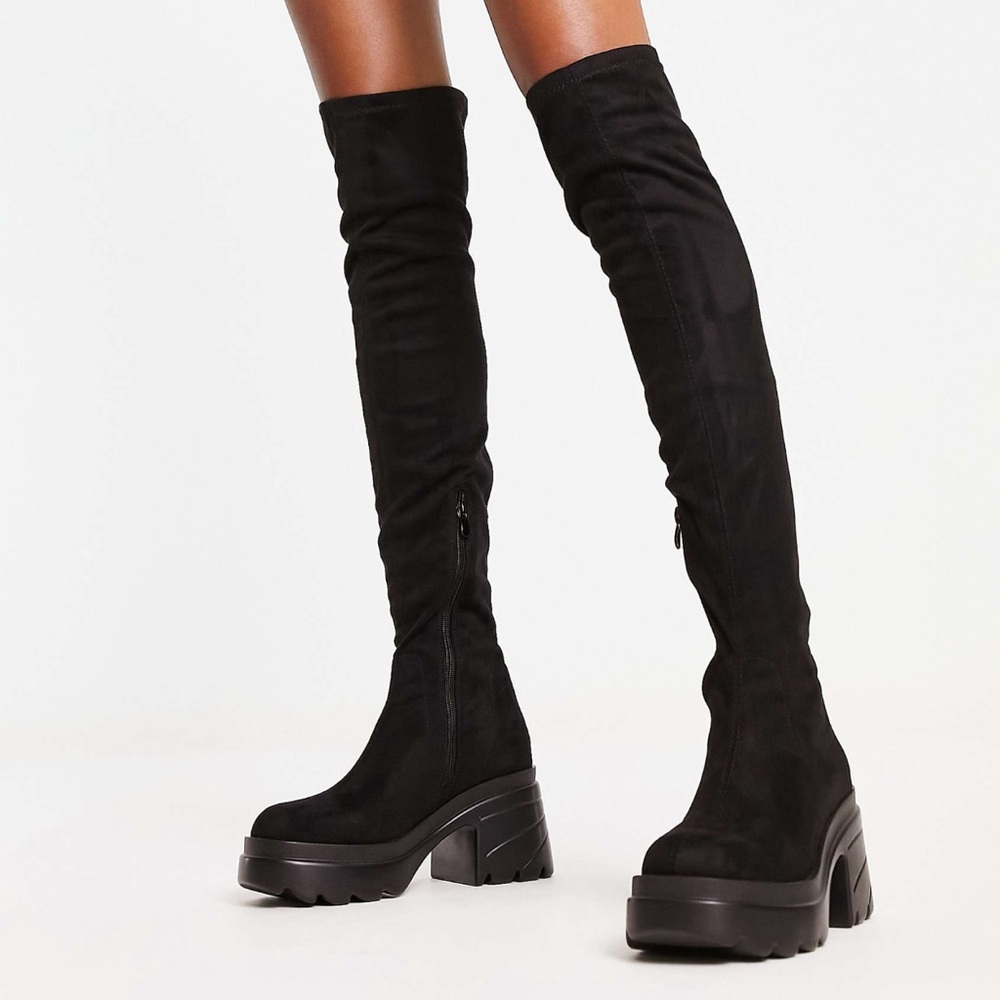 ASOS Truffle Collection chunky heeled over the knee boots in black